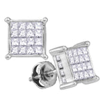 14kt White Gold Womens Princess Diamond Cluster Stud Earrings 1.00 Cttw