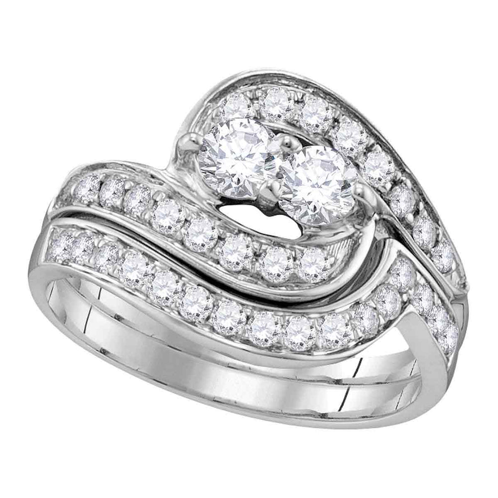 10kt White Gold Womens Round Diamond 2-Stone Hearts Together Bridal Wedding Engagement Ring Band Set 1/2 Cttw