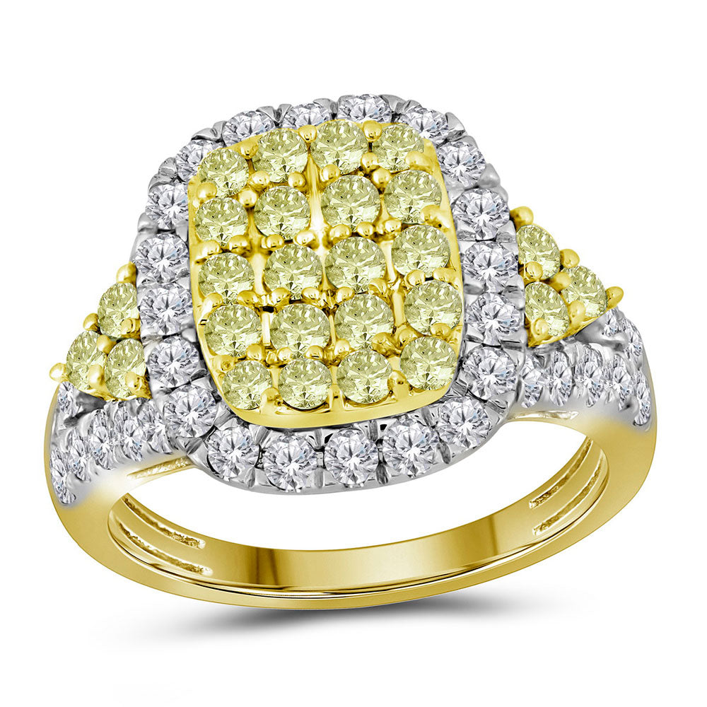 14kt Yellow Gold Womens Round Canary Yellow Diamond Rectangle Cluster Ring 1-7/8 Cttw