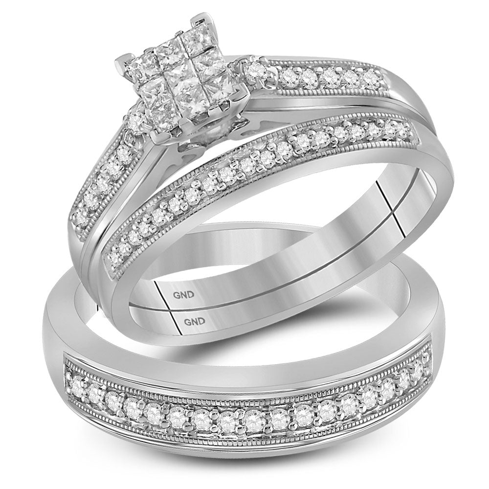 10kt White Gold His & Hers Princess Diamond Cluster Matching Bridal Wedding Ring Band Set 1/2 Cttw