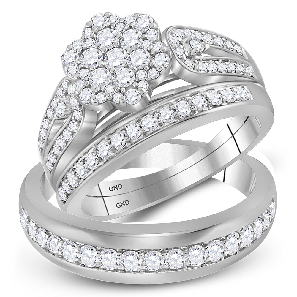 10kt White Gold His & Hers Round Diamond Cluster Matching Bridal Wedding Ring Band Set 1-1/3 Cttw