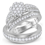 10kt White Gold His & Hers Round Diamond Cluster Matching Bridal Wedding Ring Band Set 1-1/3 Cttw