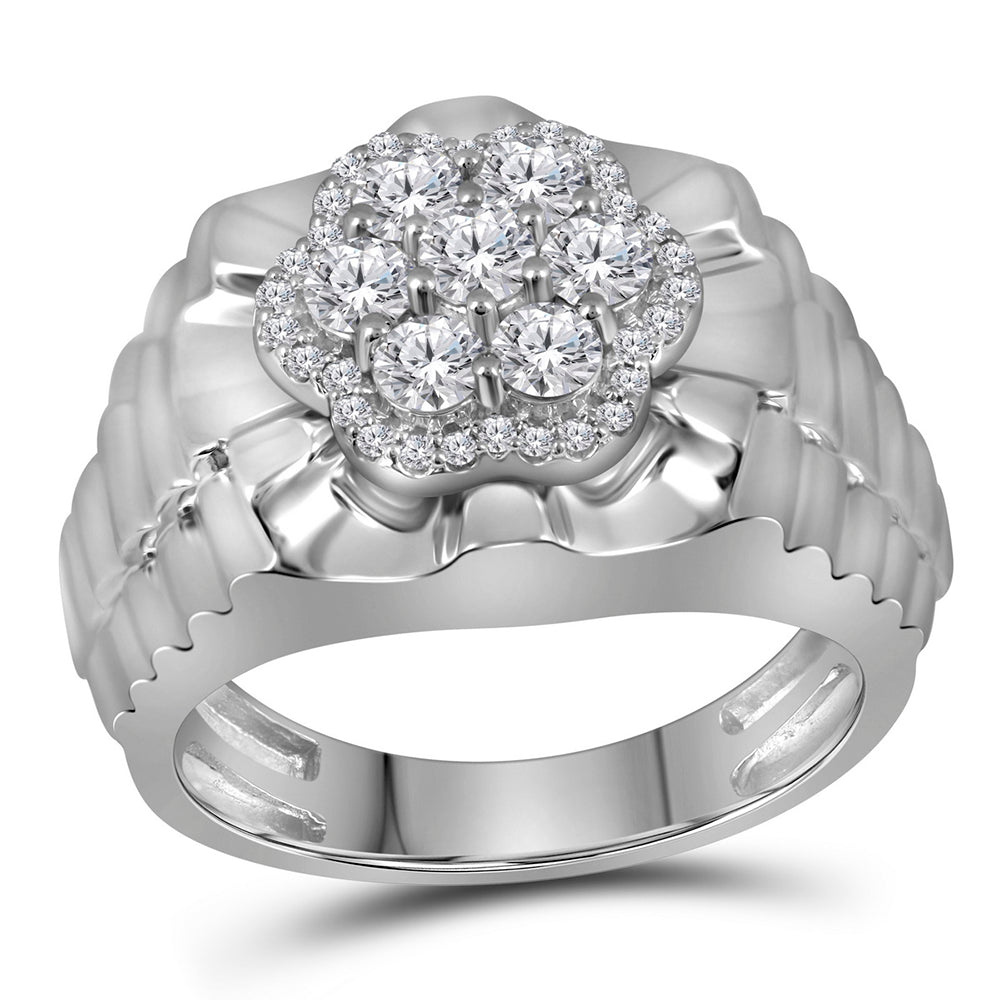 10kt White Gold Mens Round Diamond Flower Cluster Ribbed Ring 1.00 Cttw