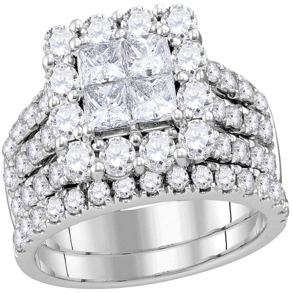 14kt White Gold Womens Princess Diamond Cluster Bridal Wedding Engagement Ring Band Set 3.00 Cttw