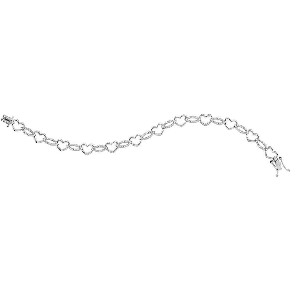 Sterling Silver Womens Round Diamond Heart Outline Link Bracelet 1/12 Cttw
