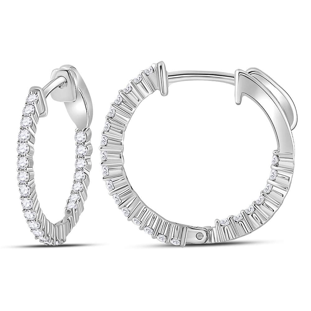 10kt White Gold Womens Round Diamond Single Row Hoop Earrings 1/2 Cttw