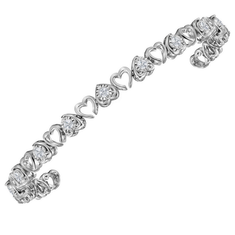 Sterling Silver Womens Round Diamond Heart Love Tennis Bracelet 1.00 Cttw