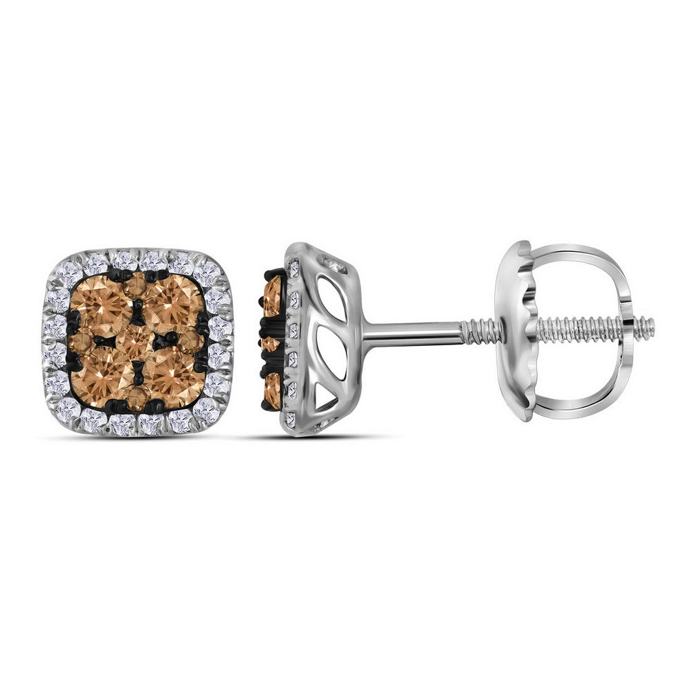 14kt White Gold Womens Round Cognac-brown Color Enhanced Diamond Square Cluster Earrings 1/2 Cttw