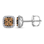14kt White Gold Womens Round Cognac-brown Color Enhanced Diamond Square Cluster Earrings 1/2 Cttw