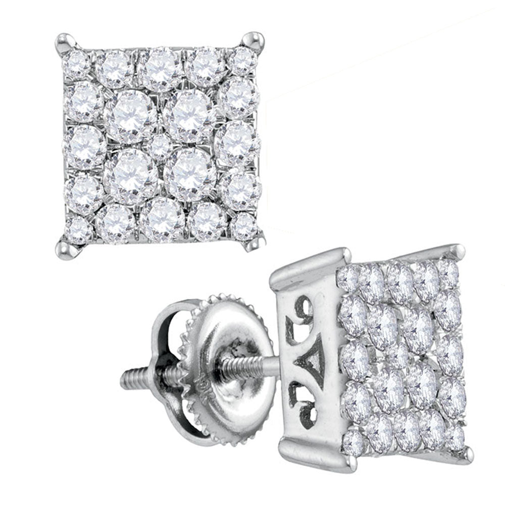 10kt White Gold Womens Round Diamond Square Cluster Stud Earrings 1.00 Cttw