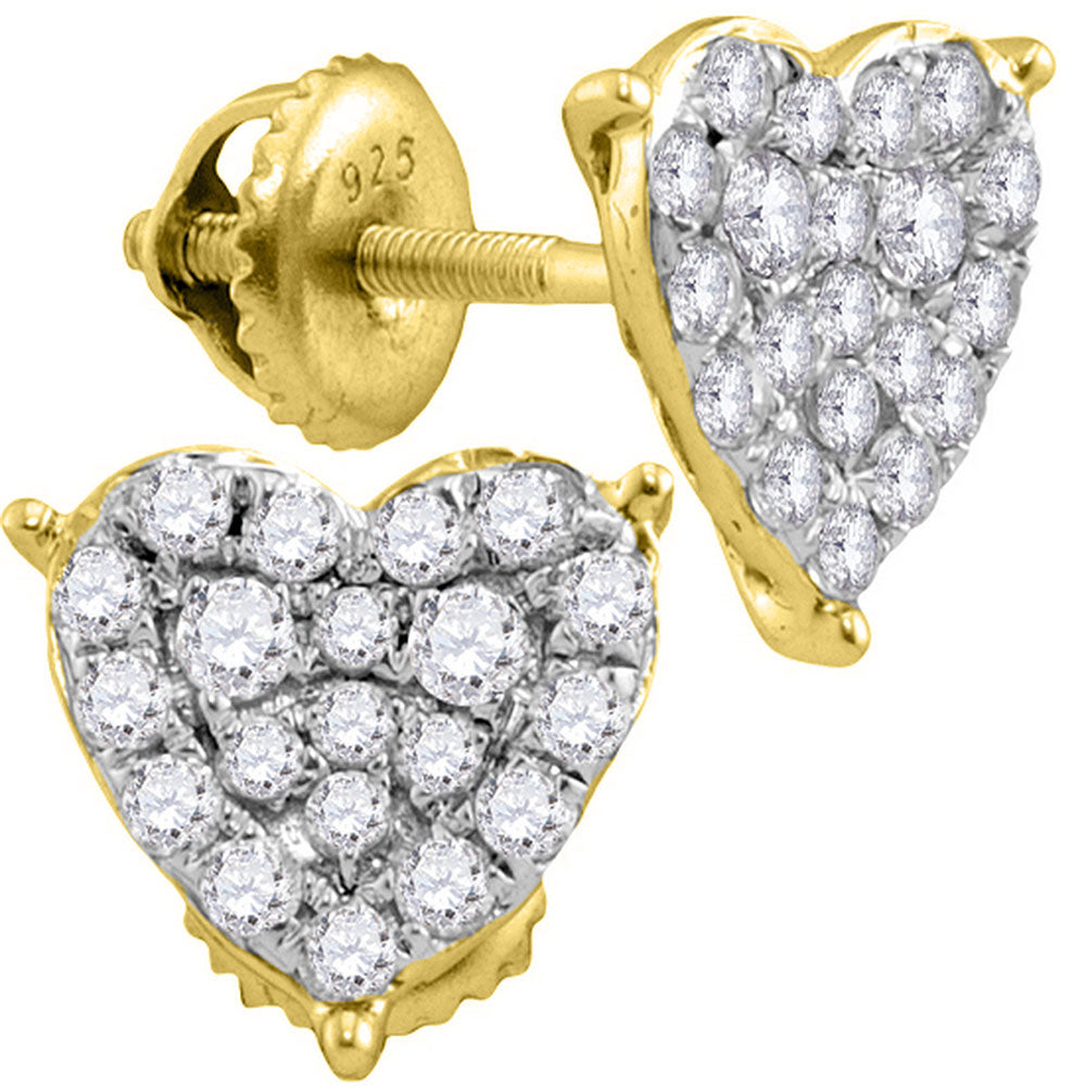 10kt Yellow Gold Womens Round Diamond Heart Cluster Stud Earrings 1/2 Cttw