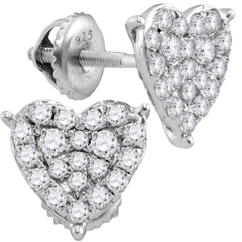 10kt White Gold Womens Round Diamond Heart Cluster Stud Earrings 1/2 Cttw