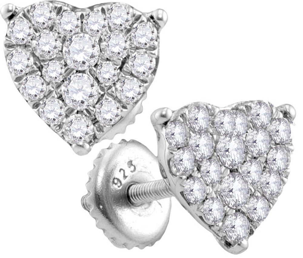 10kt White Gold Womens Round Diamond Heart Cluster Screwback Stud Earrings 3/4 Cttw