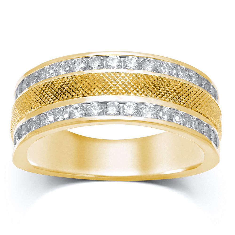 14kt Yellow Gold Mens Round Diamond Double Row Textured Wedding Band Ring 1.00 Cttw