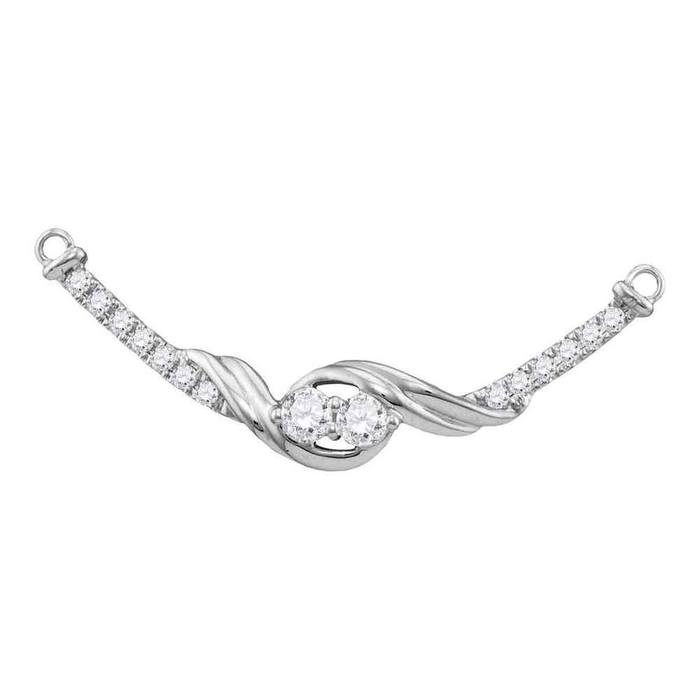 14kt White Gold Womens Round Diamond 2-stone Hearts Together Bar Pendant Necklace 1/3 Cttw