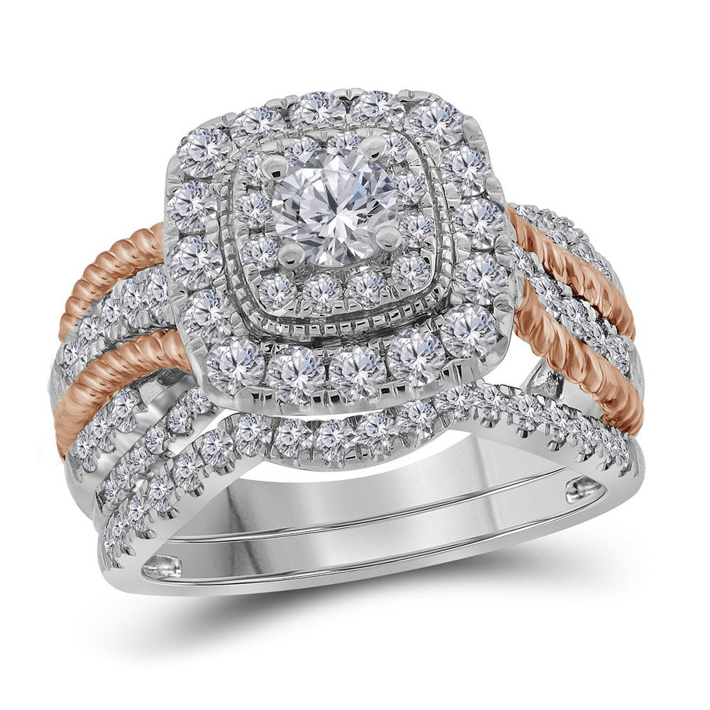 14k White Gold 2-tone Round Diamond Certified Double Halo Bridal Wedding Roped Ring Band Set 1-1/2 Cttw