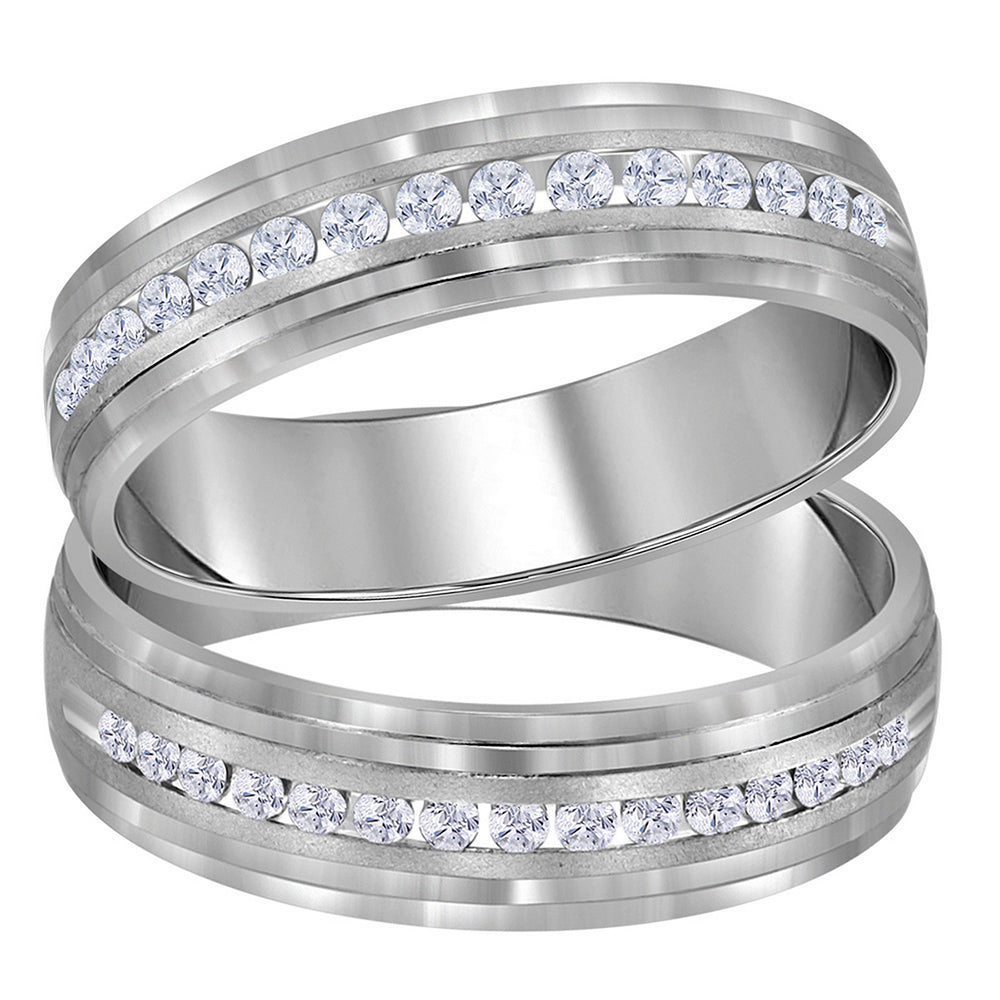 14kt White Gold His & Hers Round Diamond Band Matching Wedding Band Set 1/3 Cttw