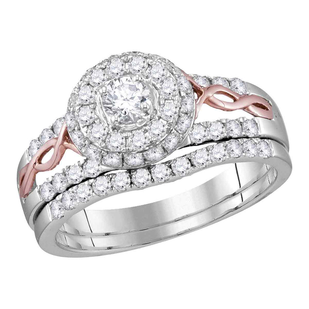 14kt White Gold Womens Round Diamond Halo Rose-tone Twist Bridal Wedding Engagement Ring Band Set 1.00 Cttw