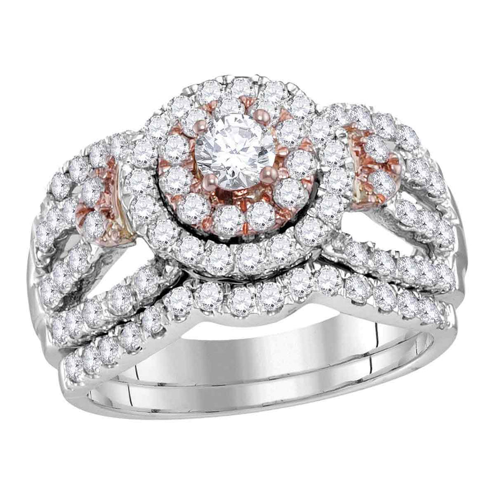 14kt White Rose 2-tone Gold Womens Round Diamond Halo Bridal Wedding Engagement Ring Band Set 1-1/2 Cttw