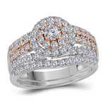 14kt White Gold Womens Round Diamond Double Halo Rose-tone Bridal Wedding Engagement Ring Band Set 1-1/2 Cttw