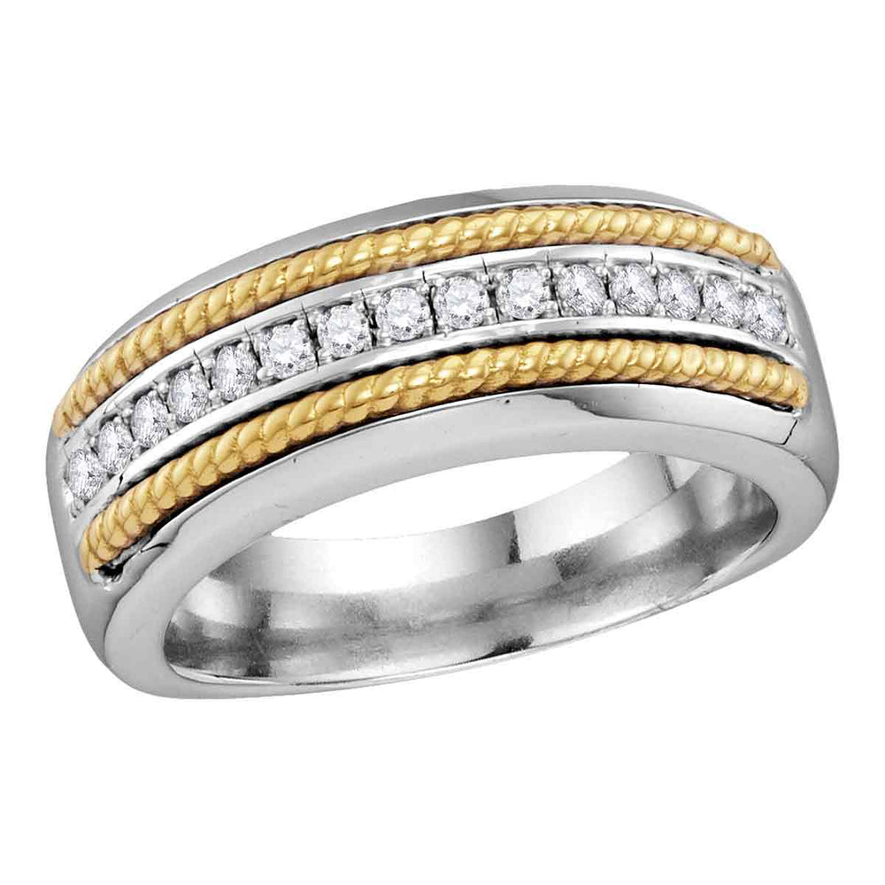 10kt White Gold Mens Round Pave-set Diamond Yellow-tone Rope Wedding Band 3/8 Cttw