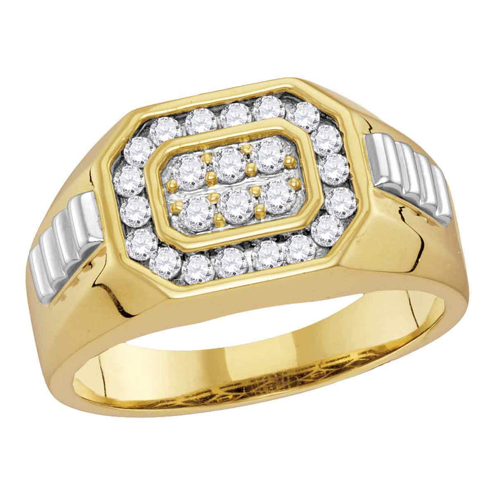 14kt Yellow Two-tone Gold Mens Round Diamond Octagon Frame Cluster Ribbed Ring 1/2 Cttw