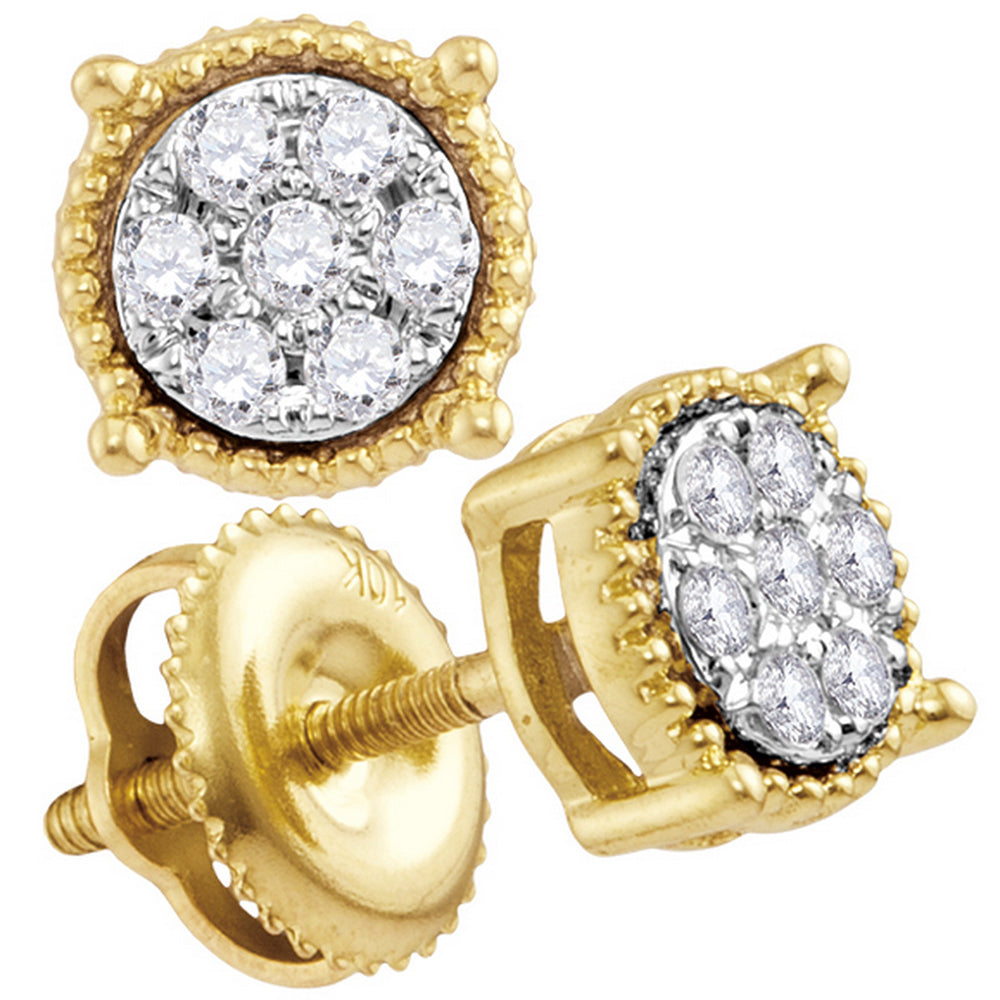 10kt Yellow Gold Womens Round Diamond Flower Cluster Milgrain Stud Earrings 1/10 Cttw