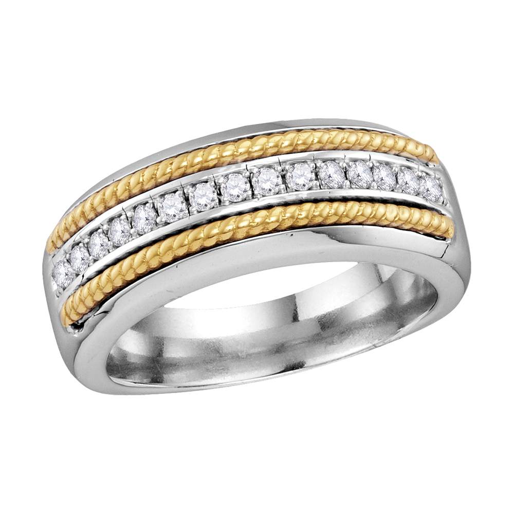 10kt White Gold Mens Round Pave-set Diamond Yellow-tone Rope Wedding Band 3/8 Cttw
