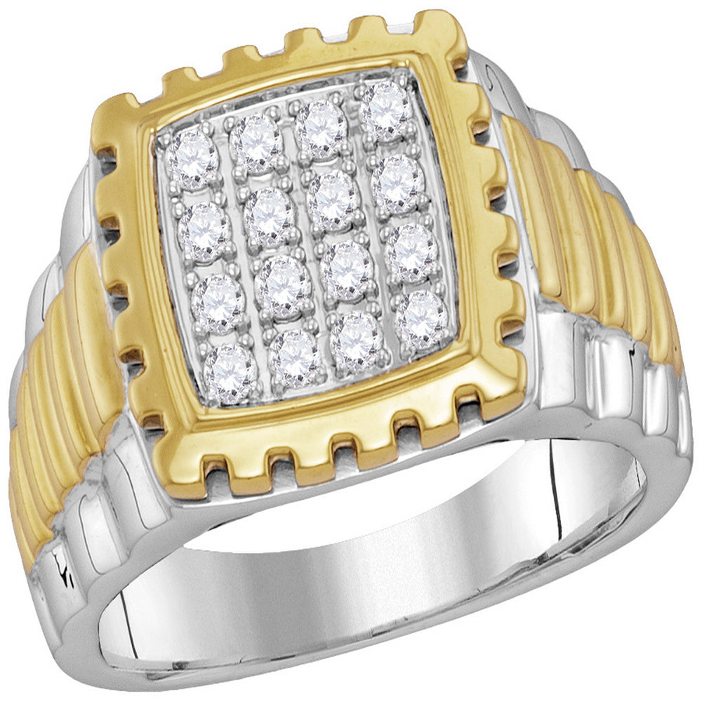 10kt Two-tone Gold Mens Round Diamond Notched Frame Square Cluster Ring 1/2 Cttw