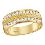 14kt Yellow Gold Mens Round Diamond Double Row Hammered Wedding Band Ring 1/2 Cttw