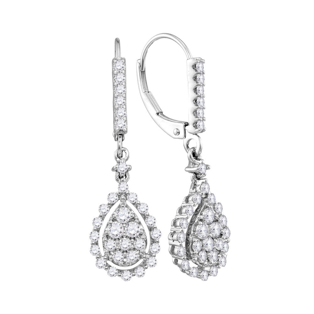 14kt White Gold Womens Round Diamond Teardrop Frame Cluster Dangle Earrings 7/8 Cttw