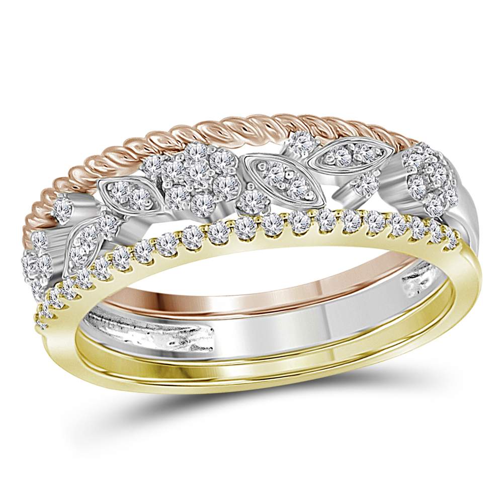 10kt Tri-Tone Gold Womens Round Diamond Rope Floral 3-Piece Stackable Band Set 1/4 Cttw