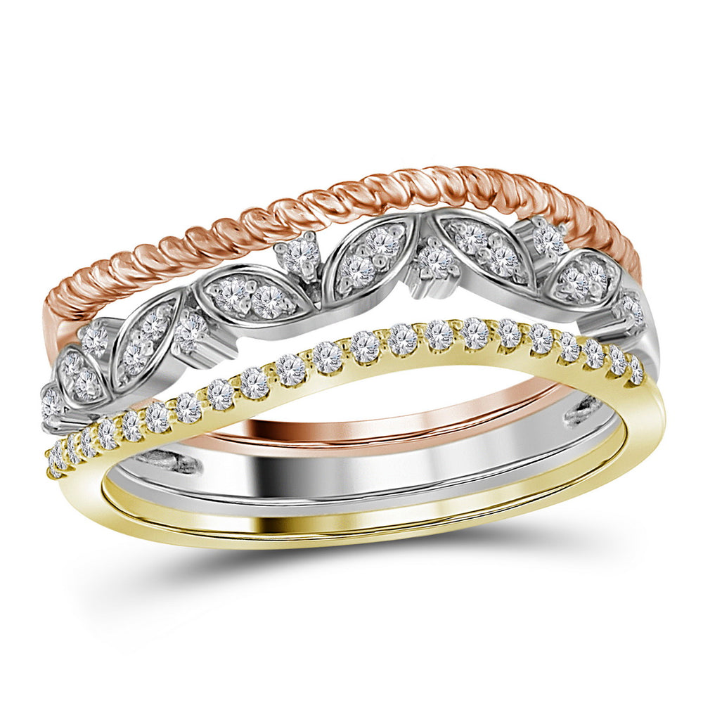 10kt Tri-Tone Gold Womens Round Diamond Stackable Rope Floral Band Ring 3-Piece Set 1/5 Cttw