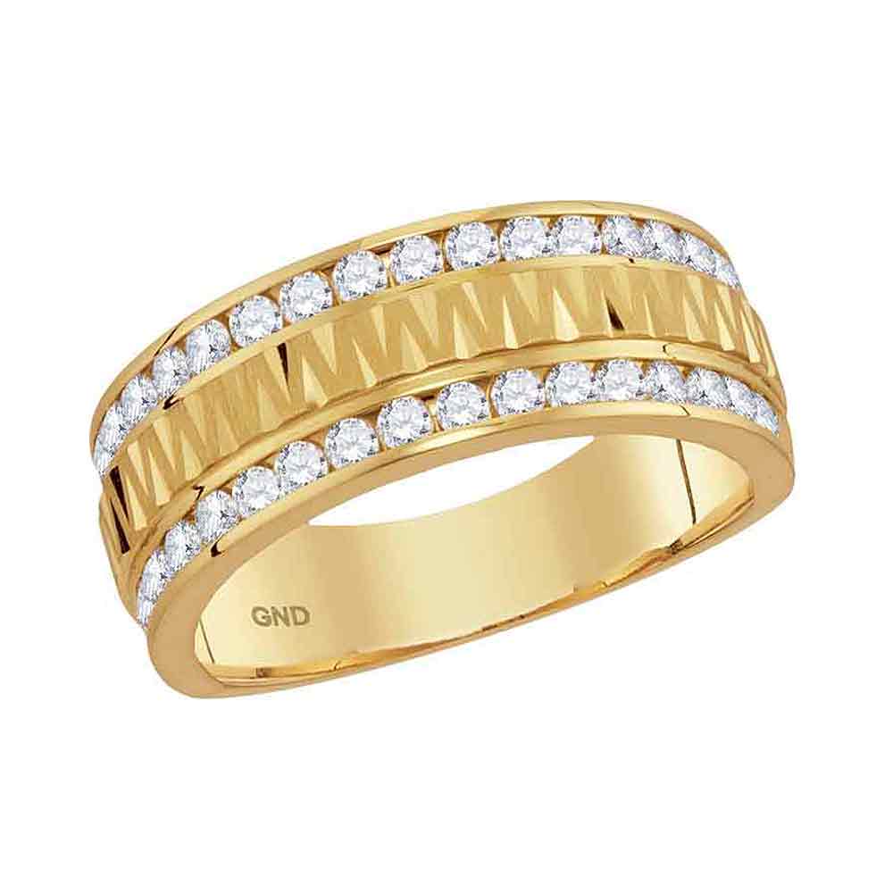 14kt Yellow Gold Mens Round Channel-set Diamond Grecco Textured Double Row Wedding Band Ring 1.00 Cttw