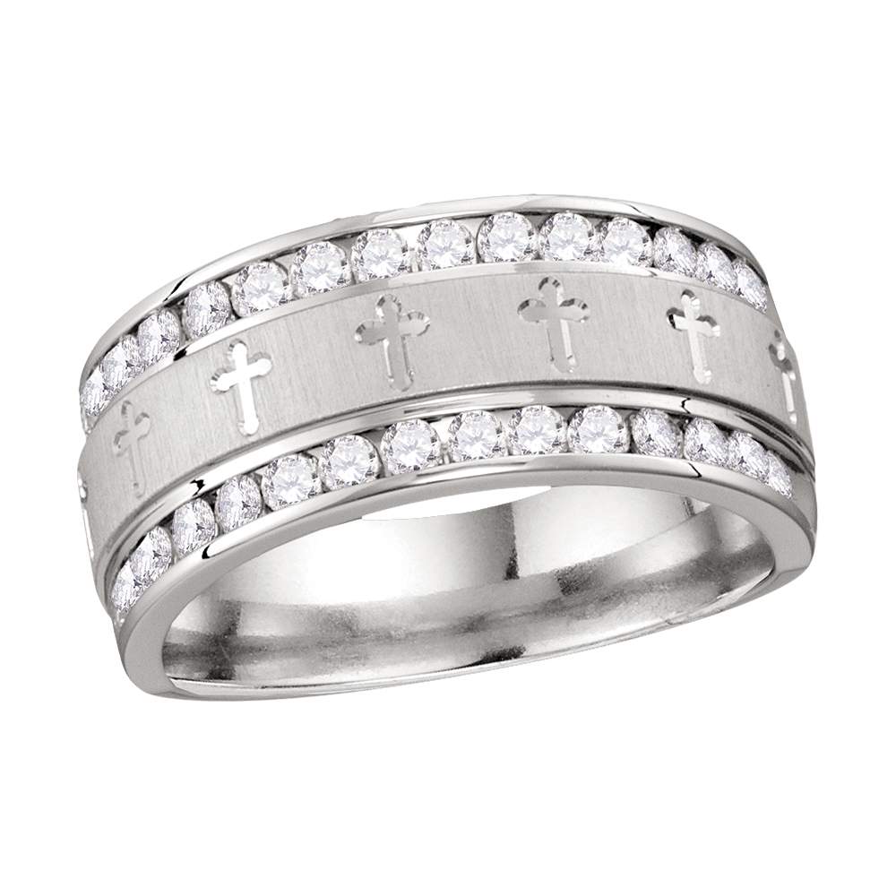 14k White Gold Mens Round Diamond Grecco Christian Cross Wedding Anniversary Band Ring 1.00 Cttw