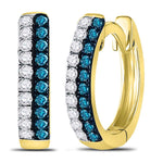 10kt Yellow Gold Womens Round Blue Color Enhanced Diamond Huggie Earrings 1/5 Cttw