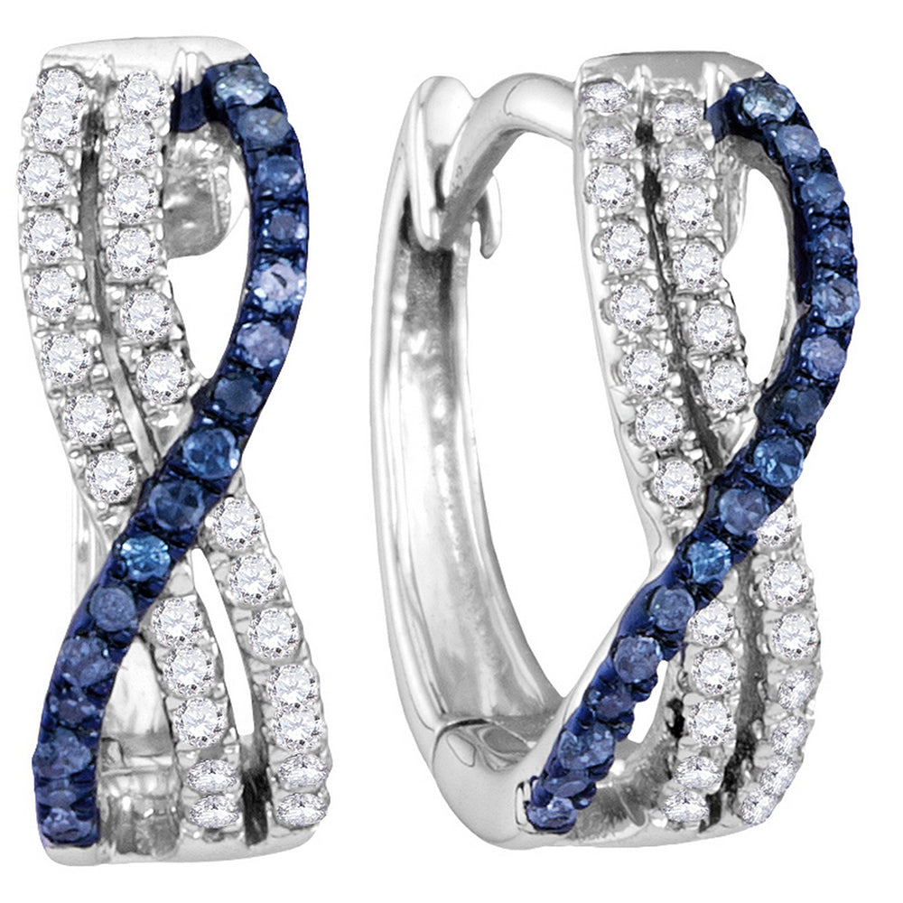 10kt White Gold Womens Blue Color Enhanced Diamond Hinged Hoop Earrings 1/4 Cttw