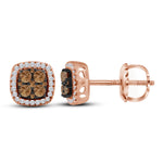 10kt Rose Gold Womens Round Cognac-brown Color Enhanced Diamond Square Cluster Earrings 1/2 Cttw