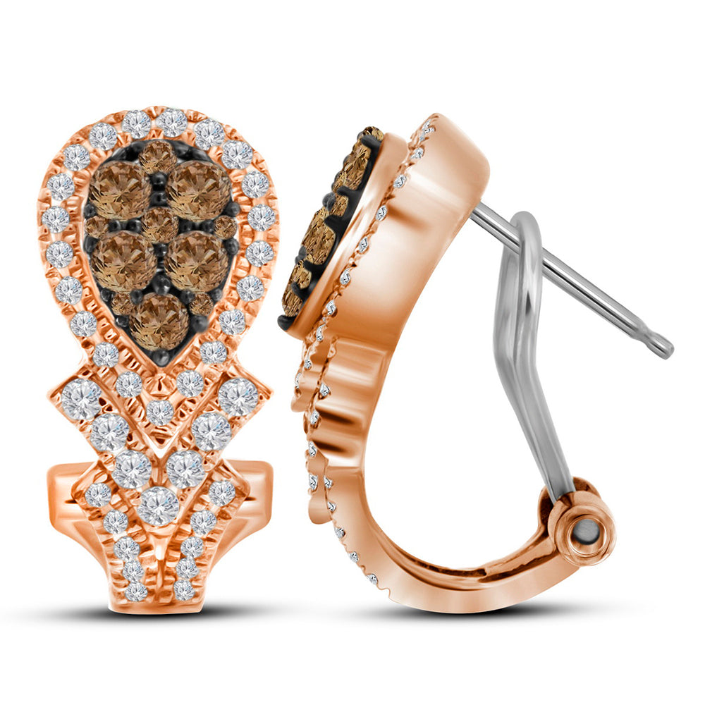 10kt Rose Gold Womens Round Cognac-brown Color Enhanced Diamond Cluster Hoop Earrings 1.00 Cttw