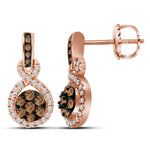 10kt Rose Gold Womens Round Cognac-brown Color Enhanced Diamond Cluster Dangle Earrings 1/2 Cttw