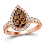 10kt Rose Gold Womens Round Color Enhanced Brown Diamond Teardrop Cluster Ring 1.00 Cttw