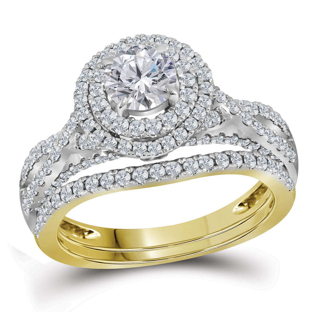 14kt Yellow Gold Womens Round Diamond Halo Bridal Wedding Engagement Ring Band Set 1-3/4 Cttw