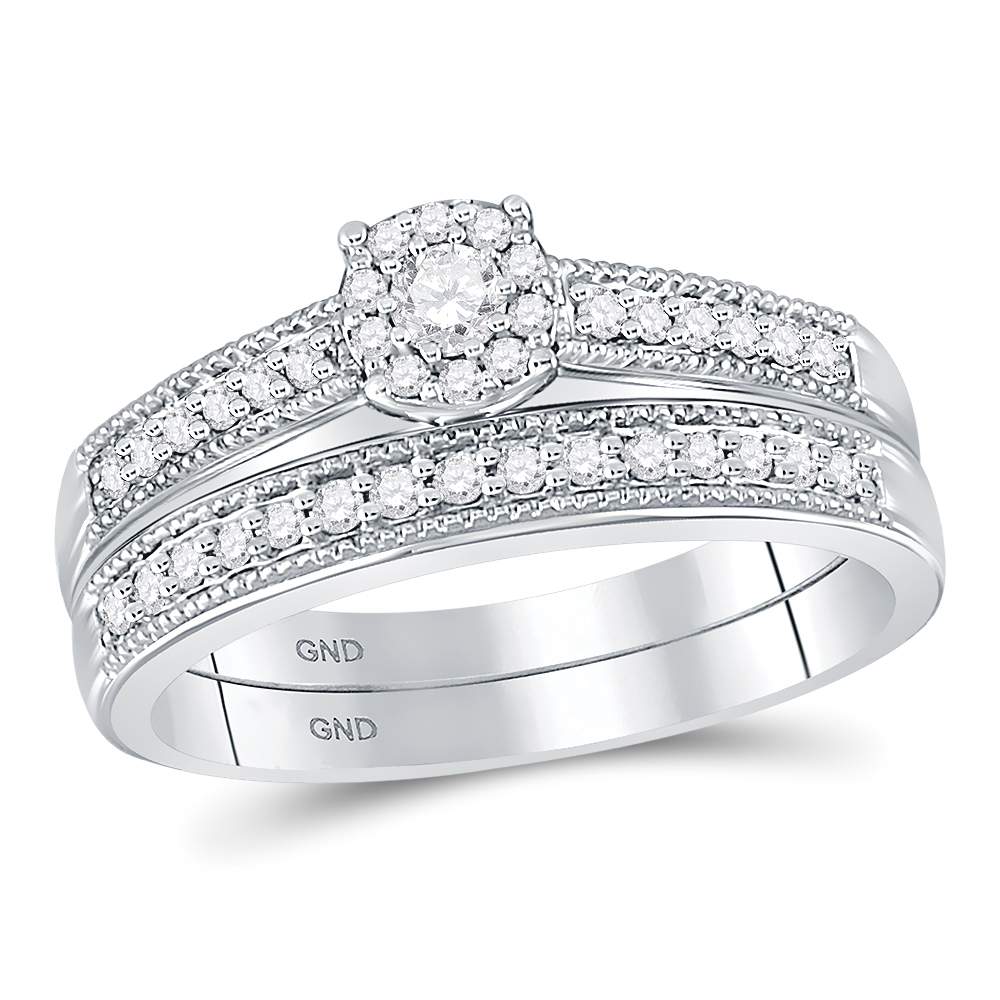 10kt White Gold Womens Round Diamond Milgrain Bridal Wedding Engagement Ring Band Set 1/3 Cttw