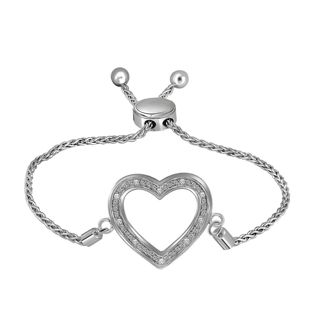 Sterling Silver Womens Round Diamond Heart Love Bolo Bracelet 1/20 Cttw