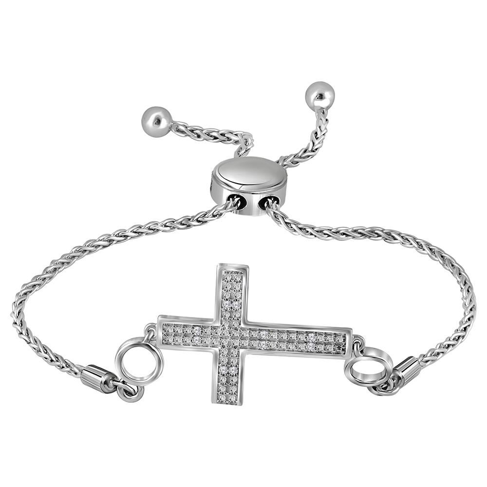 Sterling Silver Womens Round Diamond Cross Religious Bolo Bracelet 1/20 Cttw