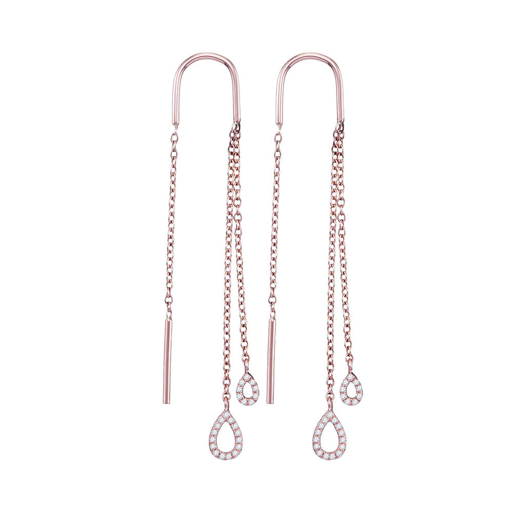 10kt Rose Gold Womens Round Diamond Double Teardrop Dangle Threader Earrings 1/6 Cttw