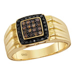 10kt Yellow Gold Mens Round Cognac-brown Black Color Enhanced Diamond Square Cluster Band Ring 3/8 Cttw