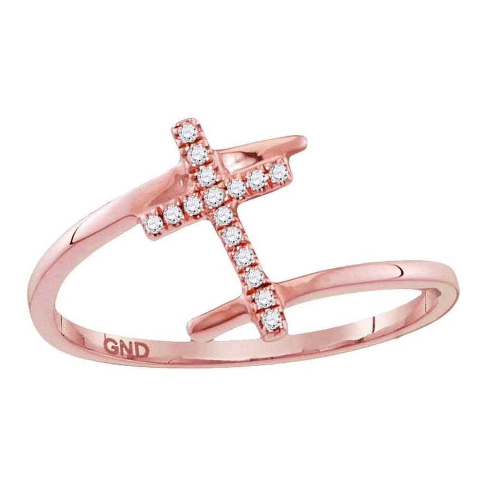 10kt Rose Gold Womens Round Diamond Bisected Cross Religious Ring 1/12 Cttw