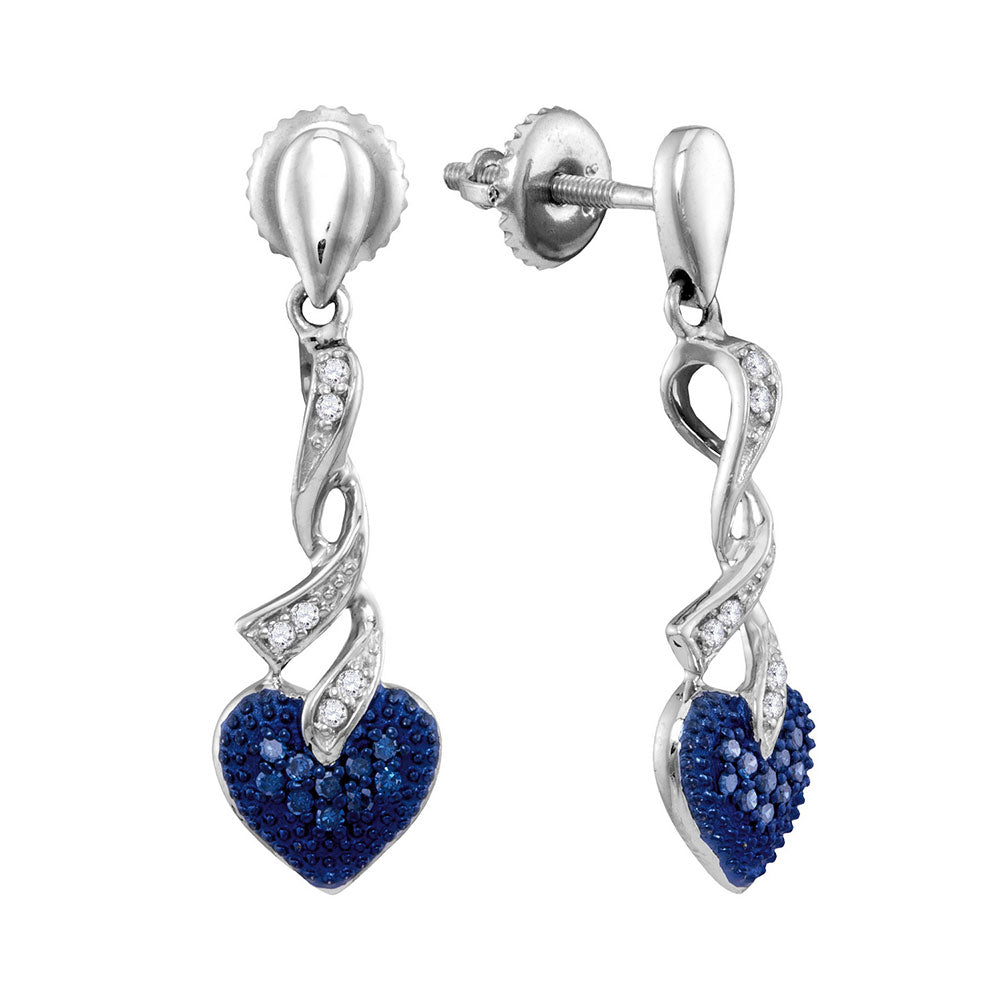 Sterling Silver Womens Round Blue Color Enhanced Diamond Heart Love Screwback Dangle Earrings 1/5 Cttw