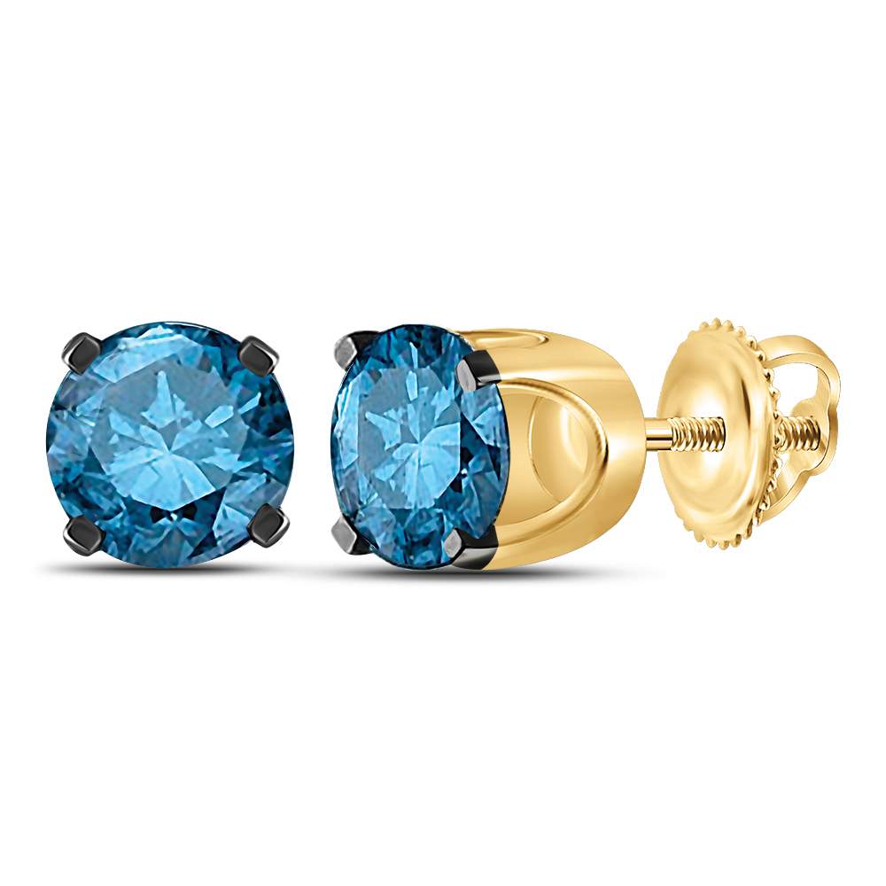 14kt Yellow Gold Womens Round Blue Color Enhanced Diamond Solitaire Earrings 1.00 Cttw